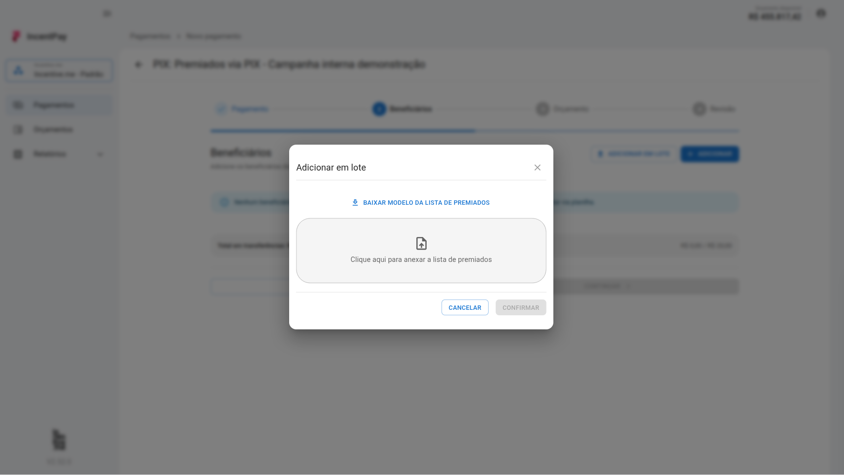 Adicionar beneficiários em lote