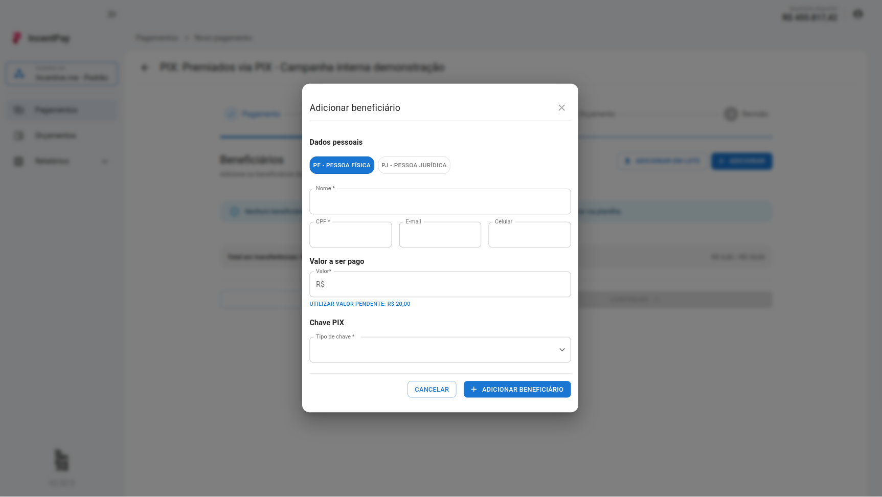 Adicionar beneficiário manualmente
