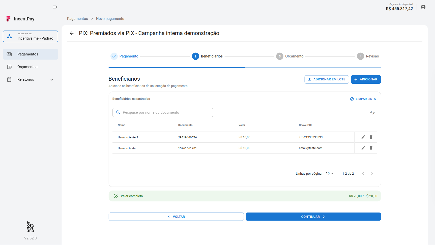Lista de beneficiários cadastrados